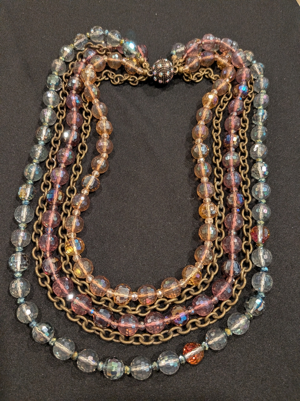 Multistrand Iridescent Glass Bead Necklace - Pink, Blue, Gold Tones